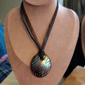 Iridescent Pendant Necklace with Black Ribbon